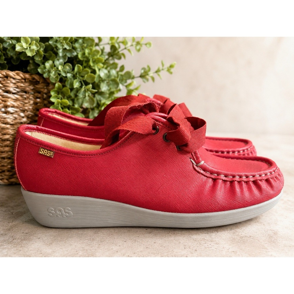 New SAS Womens 11 WW Extra Wide Red Moc Toe Ribbon  Comfort Shoes